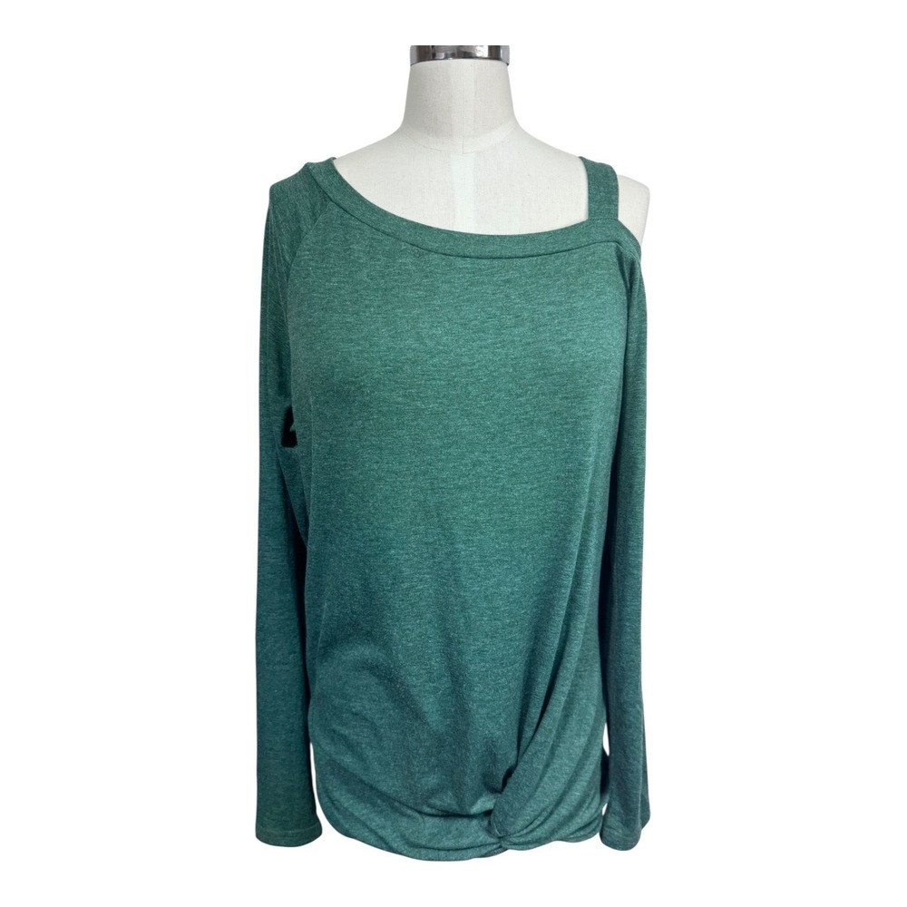 Temofon Cold Shoulder Long Sleeve Twist Hem Top Green‎ Casual Women's Small